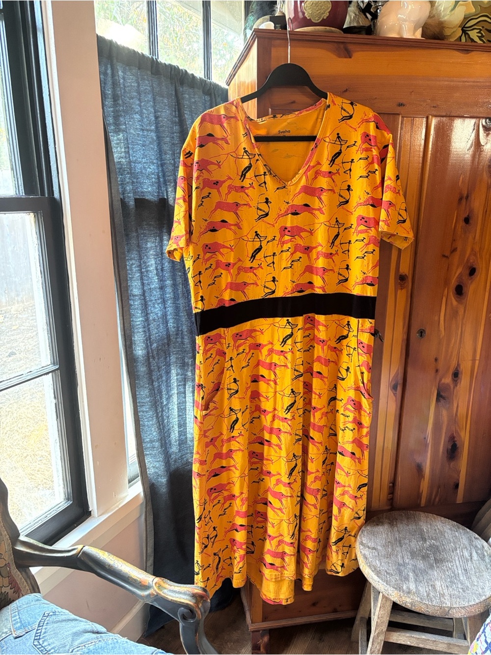 Yellow Printed V-Neck Midi Dress with Black Waistband
